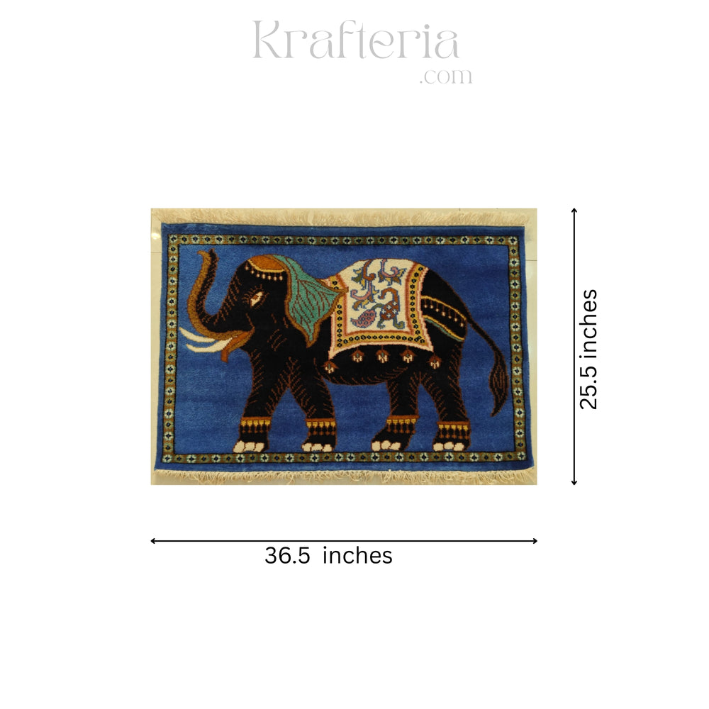 Decorative rug with an elephant design and dimensions on a white background