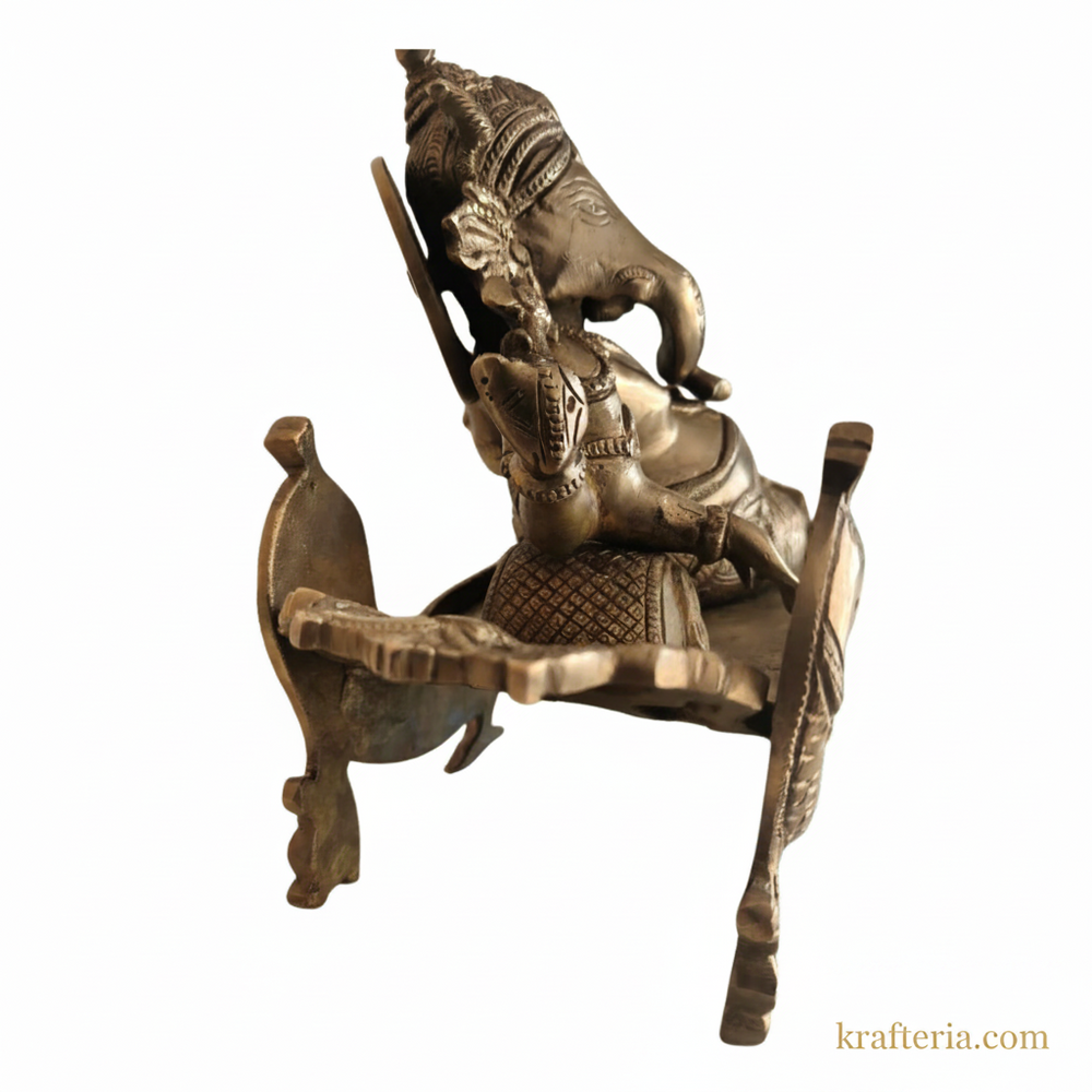 Brass Reclining Ganesha Statue – Traditional Relaxed Ganesha on Peacock Couch Idol   Brass Artwork