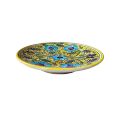 Handcrafted Blue Pottery Wall Plate –  Quartz Artwork | Floral Yellow Wall Décor