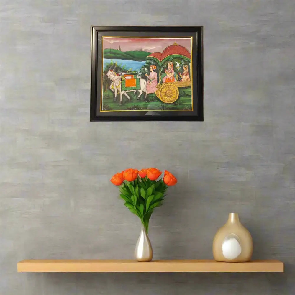 The Royal Journey in an Ox-Drawn Chariot – A Rajasthani Miniature Painting   Paintings