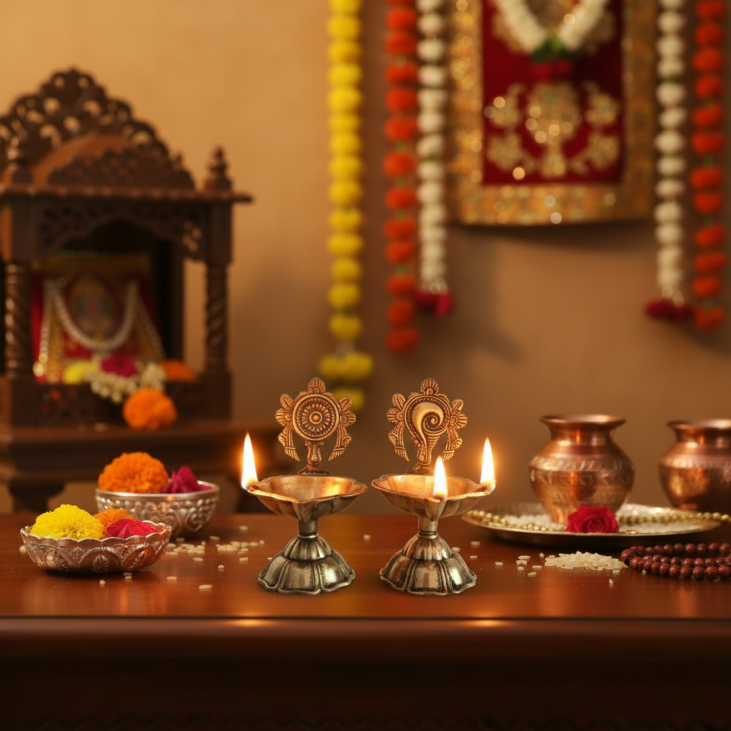 Pair of Ornate Brass Standing Diyas - Traditional Oil Lamps with Auspicious Symbols
