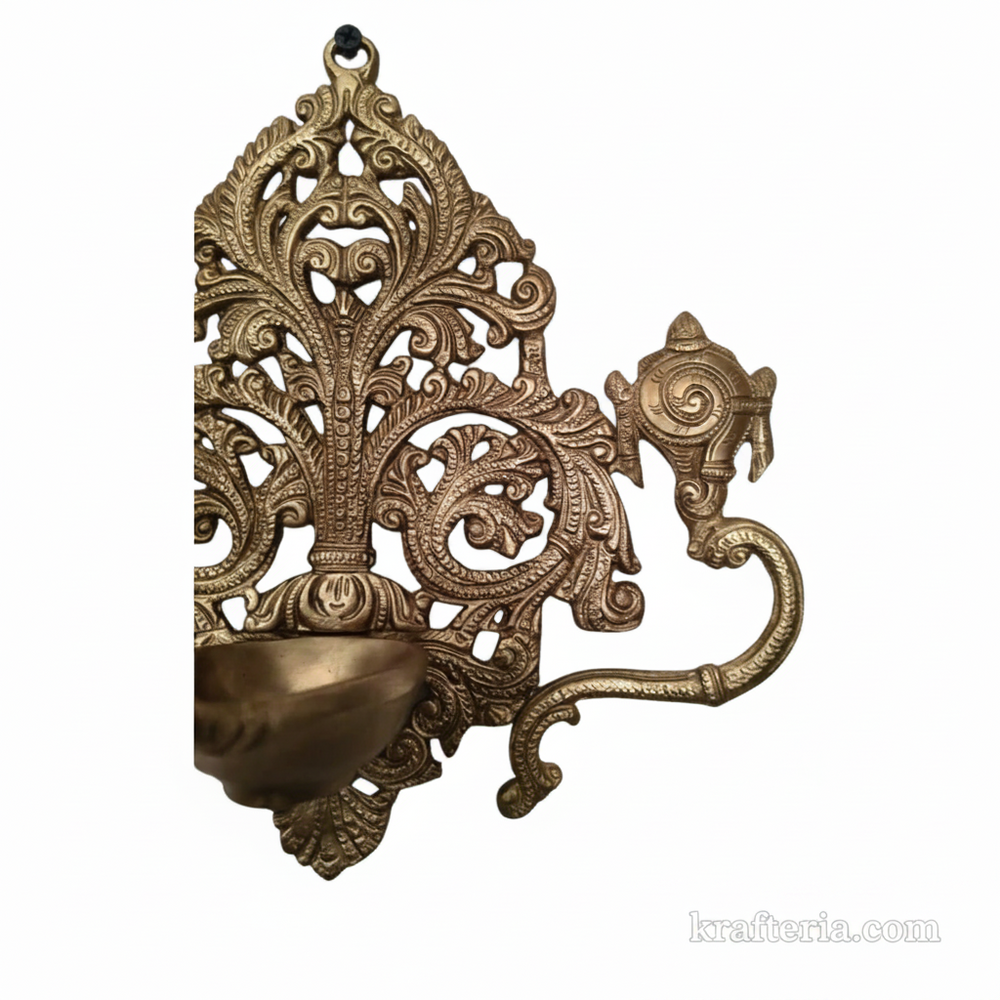 Brass Shankh Chakra Wall Hanging Diya | Traditional Indian Oil Lamp with Filigree Backplate   Brass Artwork