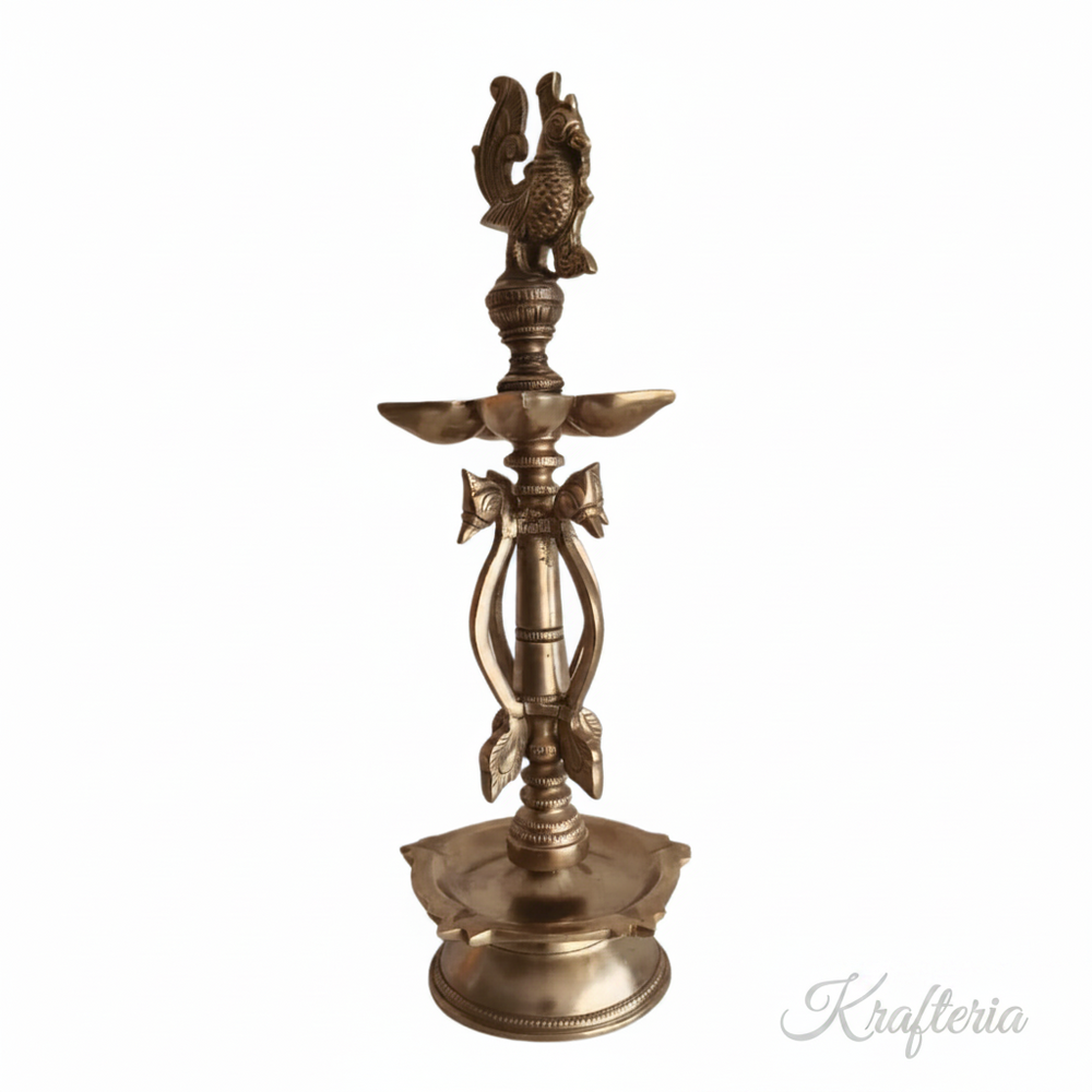 Brass Annapakshi Peacock Pedestal Diya – 5 Wick Lamp   Brass Artwork