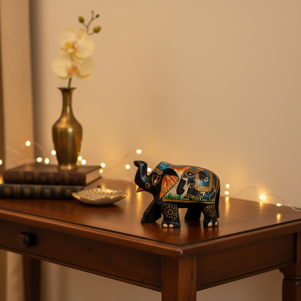 Hand-Painted Black Elephant Figurine with Traditional Indian Art