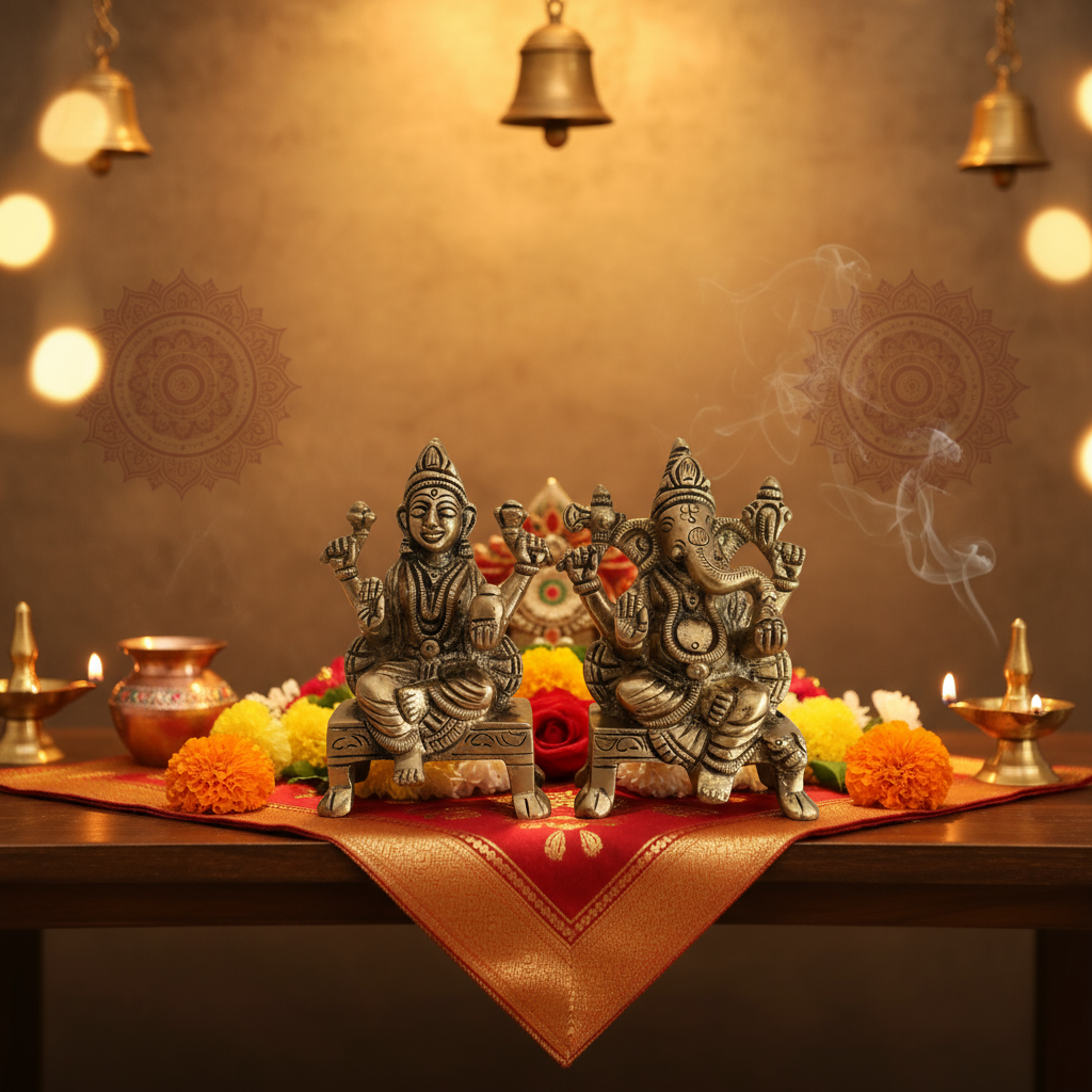 Brass Idols of Lakshmi and Ganesha