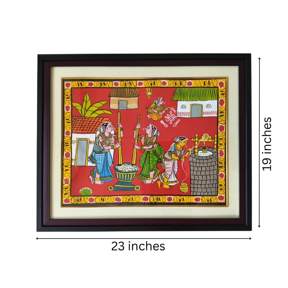 Hand-Painted Village Women & Daily Life Cheriyal Painting   Cheriyala Painting