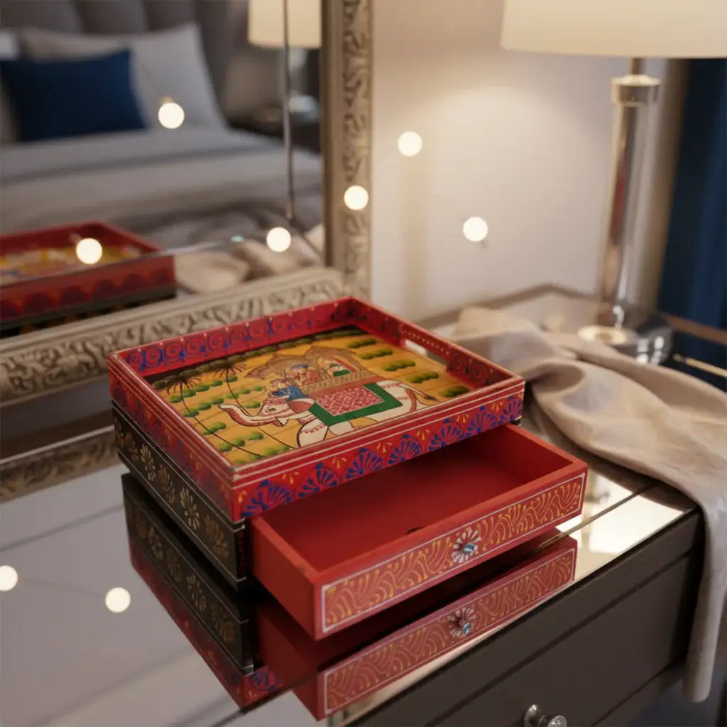 Royal Elephant Procession Hand-Painted Wooden Drawer Box   Wood Decorative