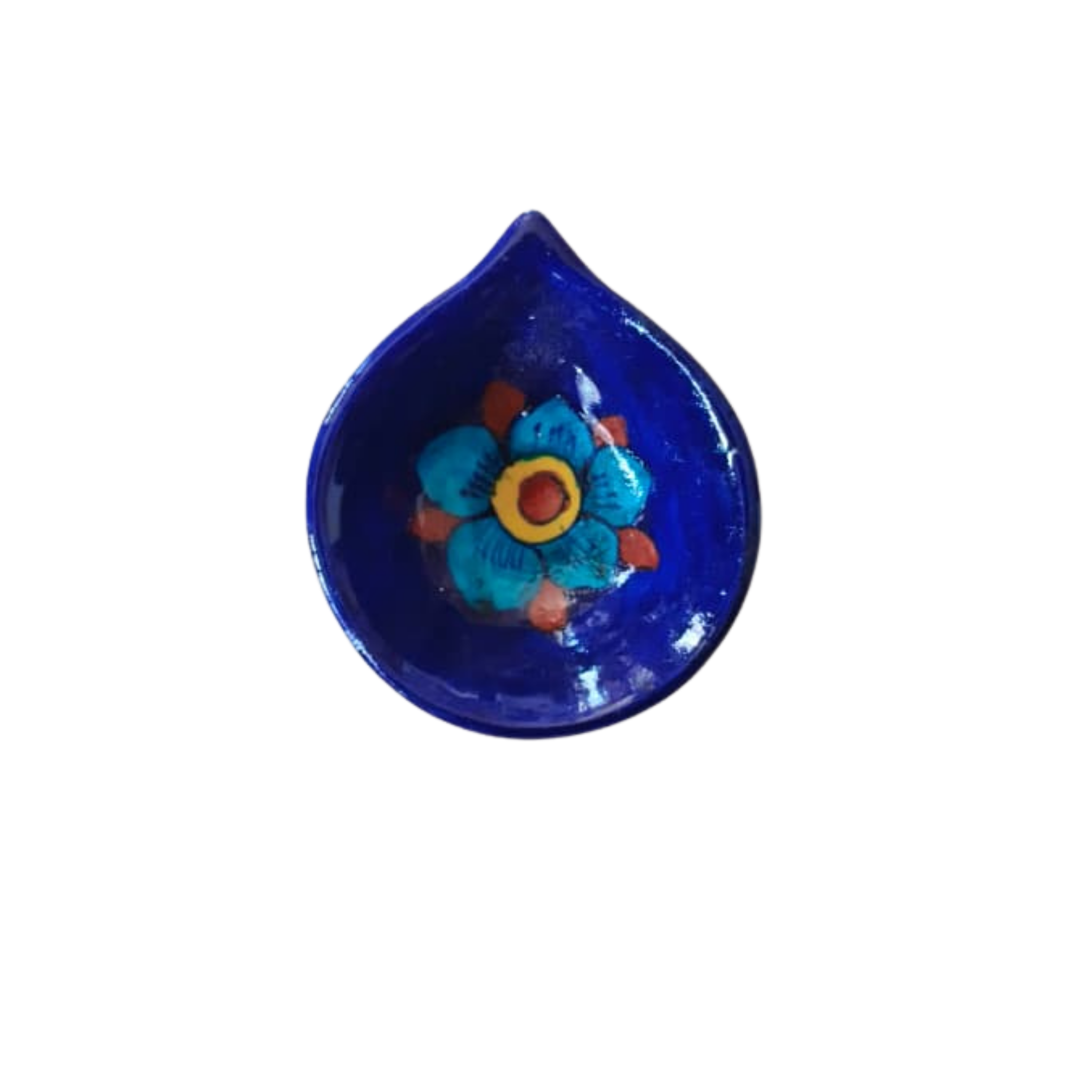 Leaf/Teardrop Shaped Blue Pottery Diya | Abstract Floral Oil Lamp