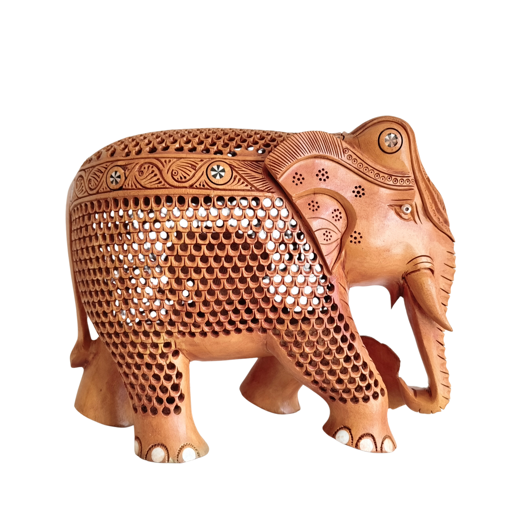 Masterpiece Jali Work Hand-Carved Wooden Elephant Sculpture
