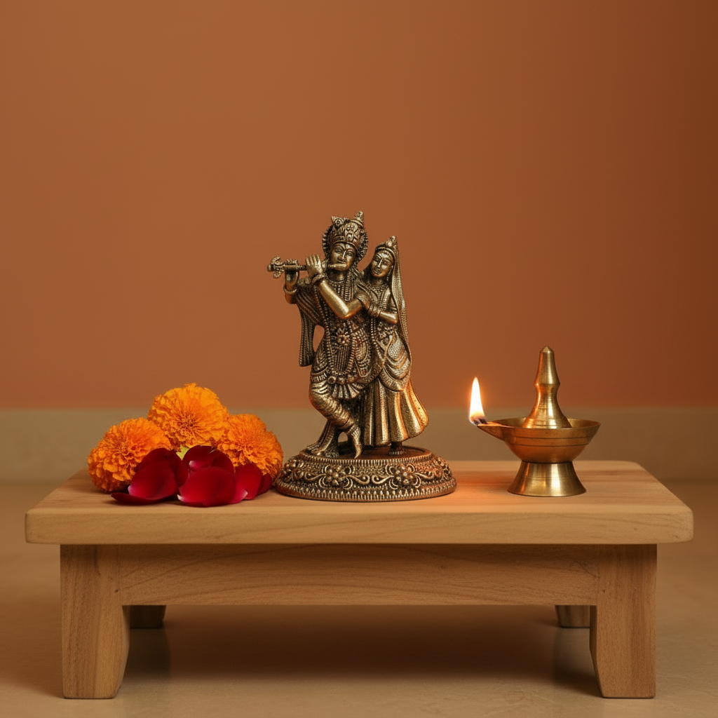 Brass Radha Krishna Idol with Flute – Embodiment of Eternal Love and Divine Bliss