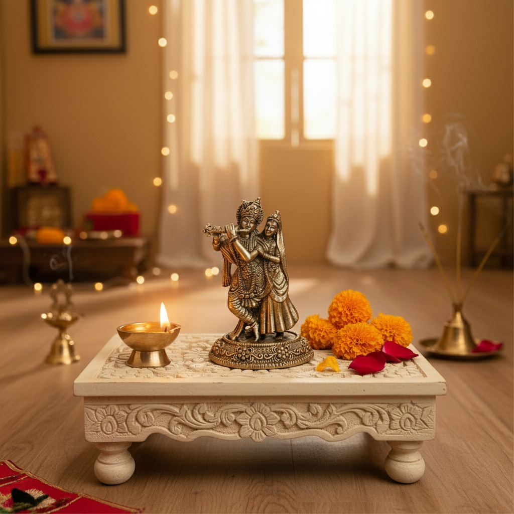 Brass Radha Krishna Idol with Flute – Embodiment of Eternal Love and Divine Bliss