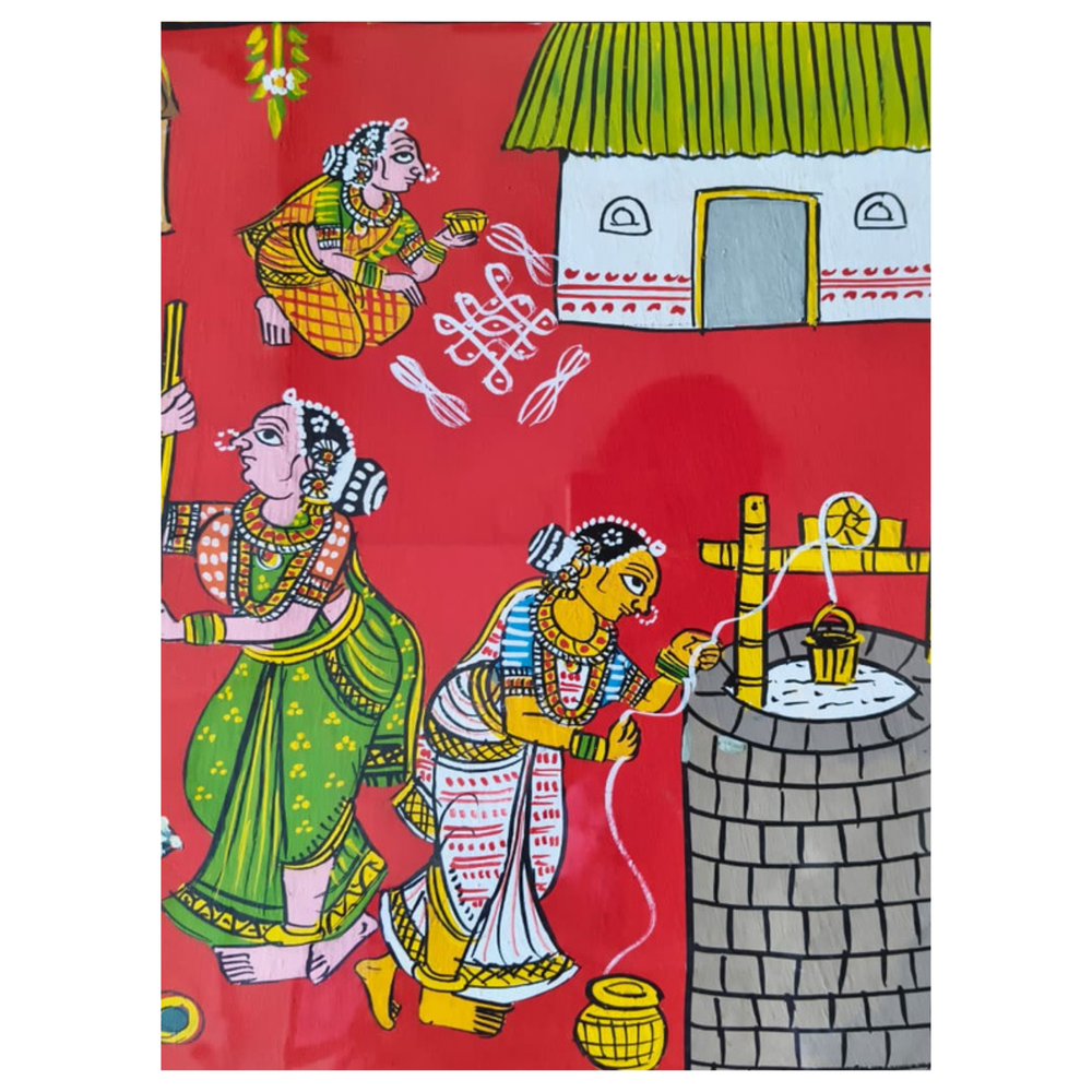 Hand-Painted Village Women & Daily Life Cheriyal Painting   Cheriyala Painting