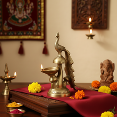 Elegant Brass Peacock Diya on a Pedestal