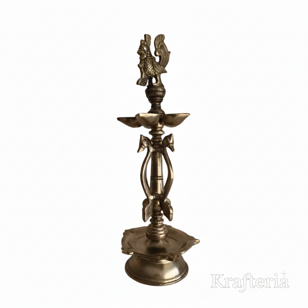 Brass Annapakshi Peacock Pedestal Diya – 5 Wick Lamp   Brass Artwork
