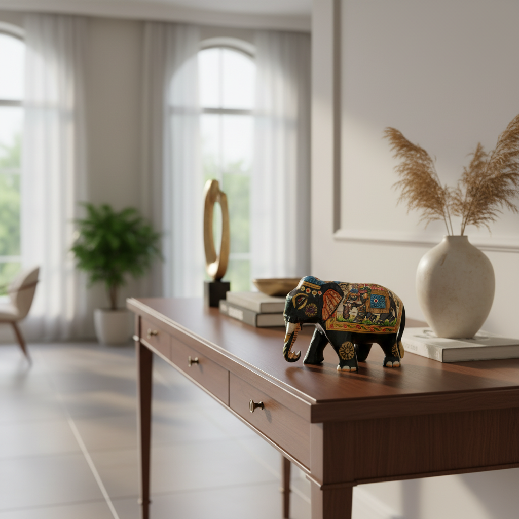 Black Painted Wooden Mughal Elephants – Elegant Decorative Figurines