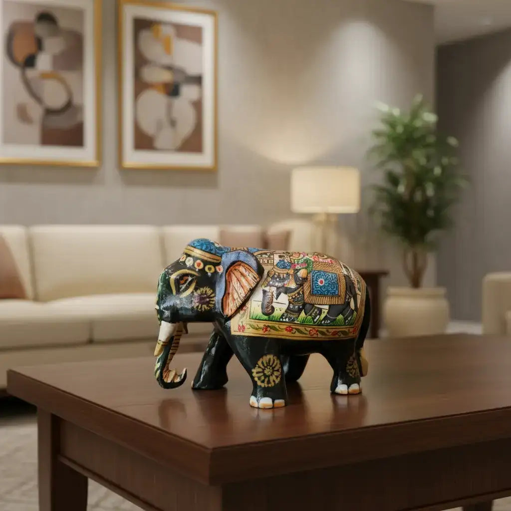 Black Painted Wooden Mughal Elephants – Elegant Decorative Figurines maruthi handicrafts