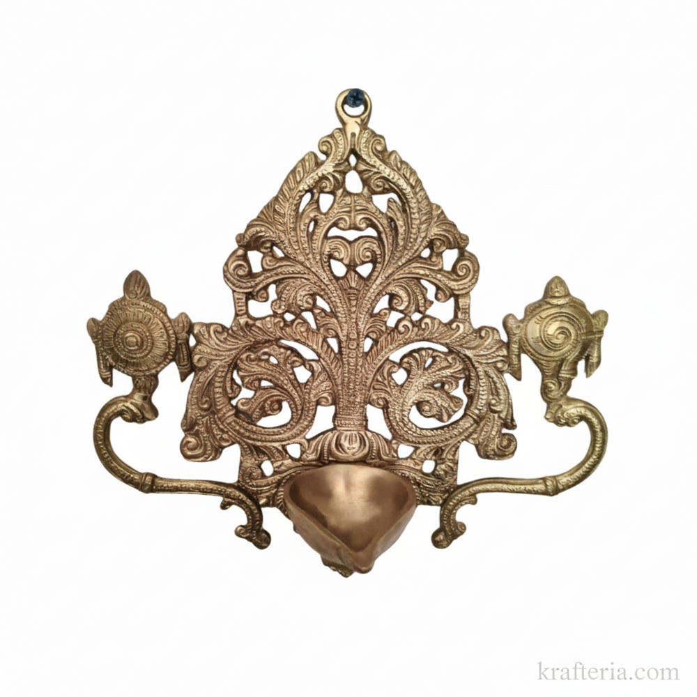 Brass Shankh Chakra Wall Hanging Diya | Traditional Indian Oil Lamp with Filigree Backplate   Brass Artwork