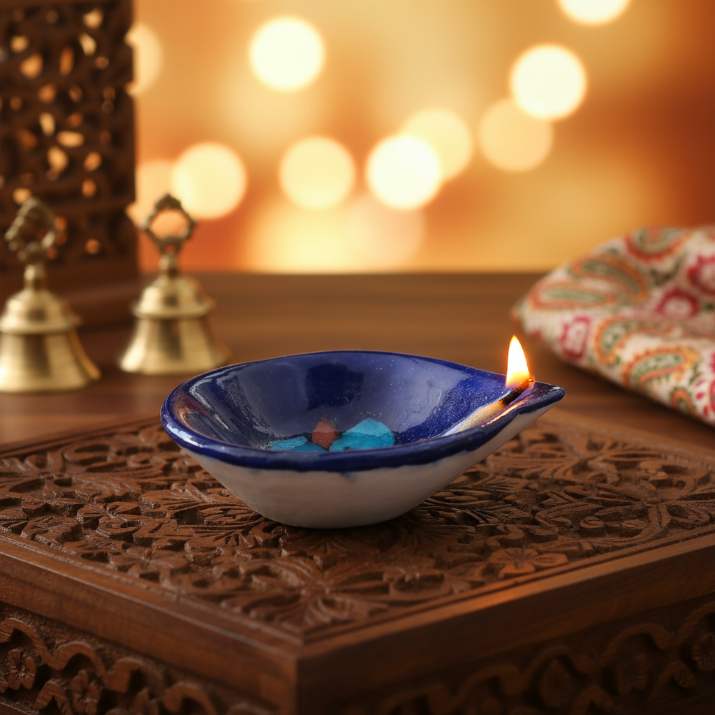 Leaf/Teardrop Shaped Blue Pottery Diya | Abstract Floral Oil Lamp