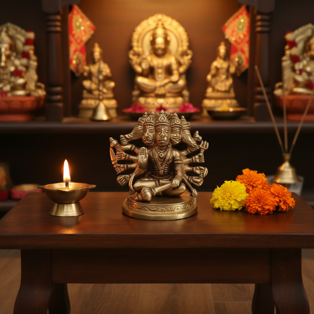 Brass Panchmukhi Hanuman Idol – Five-Faced Protector for Strength and Victory