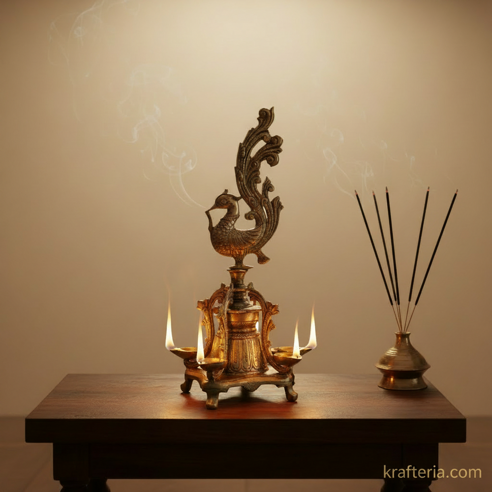 Brass Peacock Pedestal Diya – 4 Wick Traditional Standing Oil Lamp   Brass Artwork