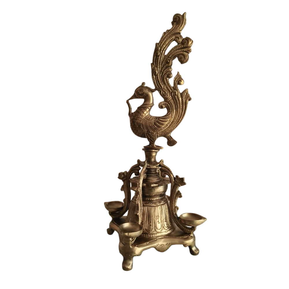 Brass Peacock Pedestal Diya – 4 Wick Traditional Standing Oil Lamp   Brass Artwork