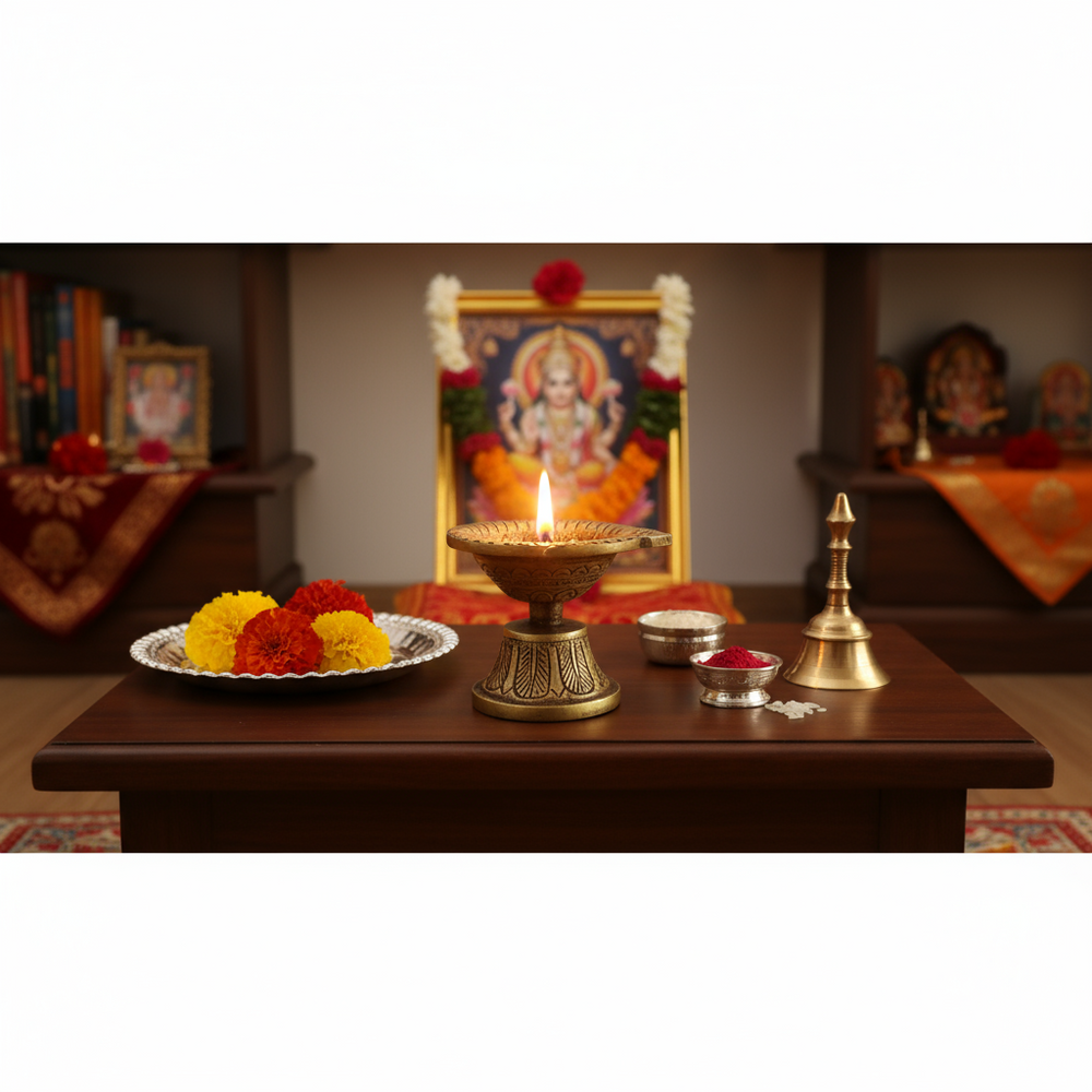 A small, golden brass diya with a deep, round, intricately carved bowl perched on a matching carved pedestal base, set on a white surface.
