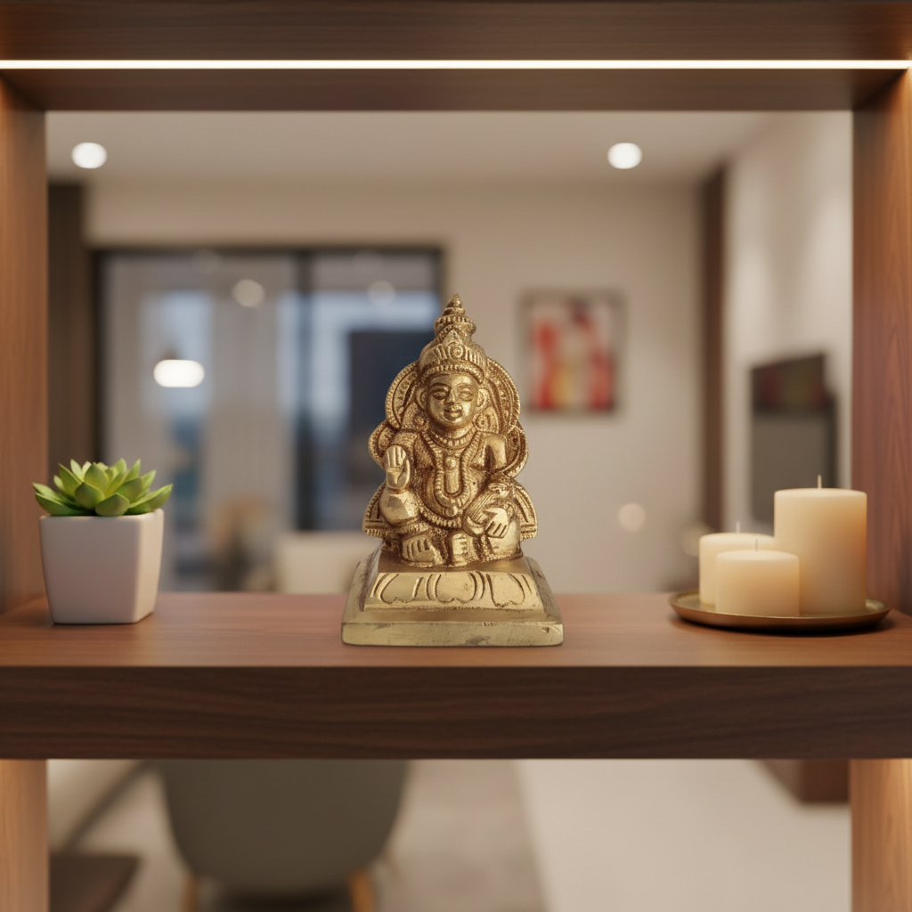 Seated Brass Lord Kuber Idol - Hindu God of Wealth Murti