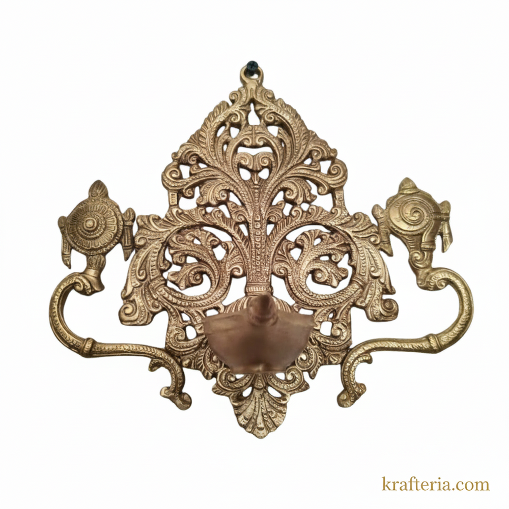 Brass Shankh Chakra Wall Hanging Diya | Traditional Indian Oil Lamp with Filigree Backplate   Brass Artwork