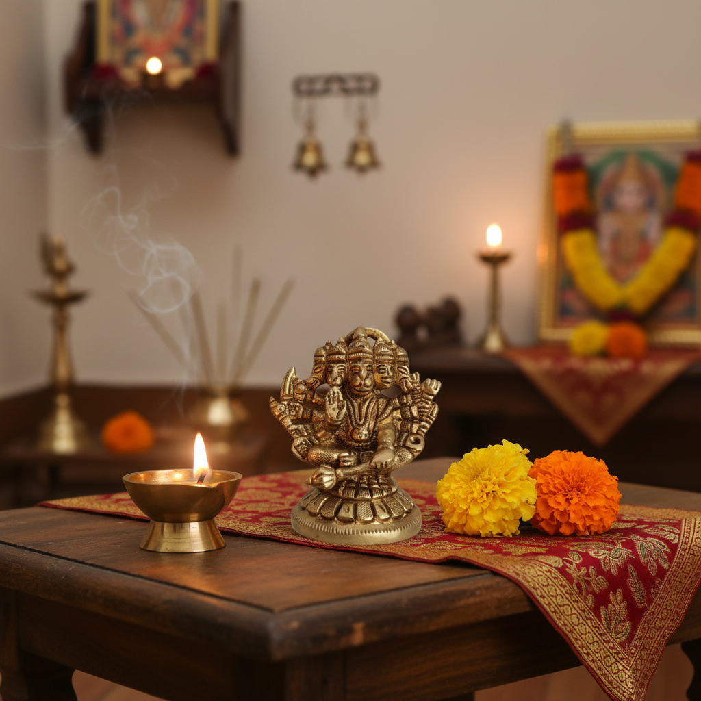 Brass Panchmukhi Hanuman Idol – Five-Faced Protector for Strength and Victory