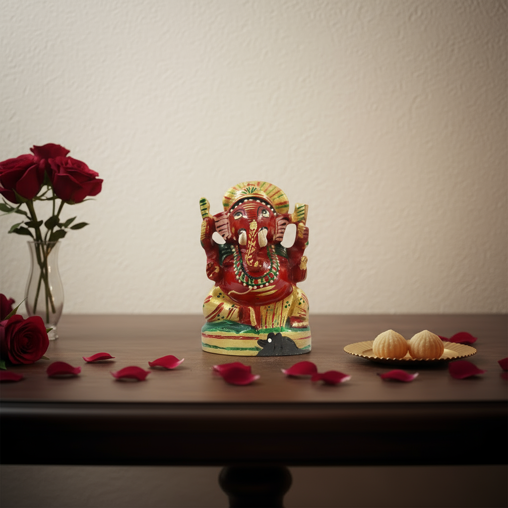 Wooden Ganesh Statue – Beautiful Hand-Painted Religious Art