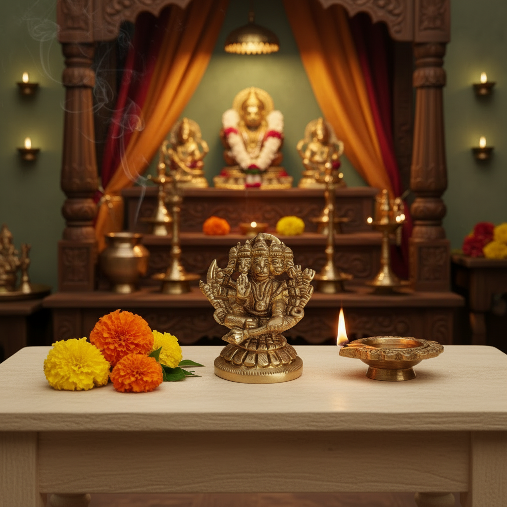 Brass Panchmukhi Hanuman Idol – Five-Faced Protector for Strength and Victory