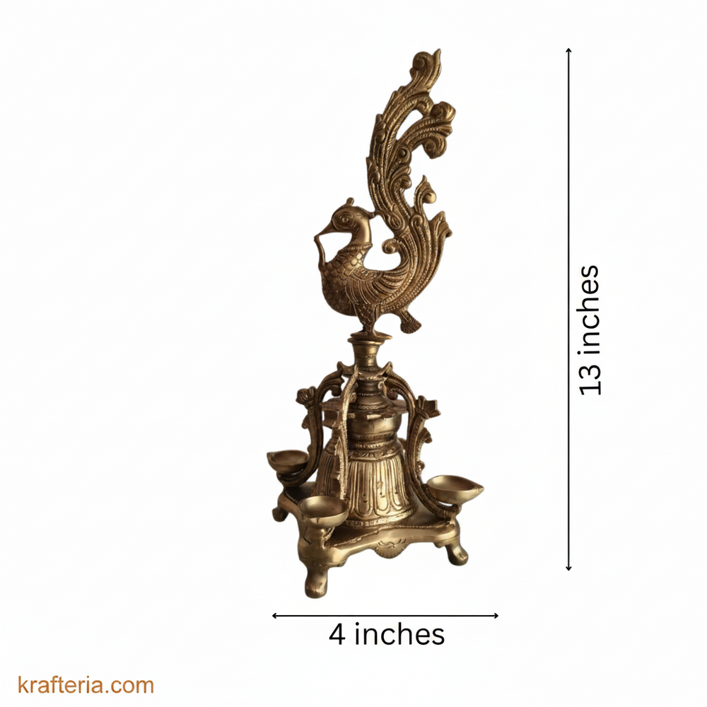 Brass Peacock Pedestal Diya – 4 Wick Traditional Standing Oil Lamp   Brass Artwork
