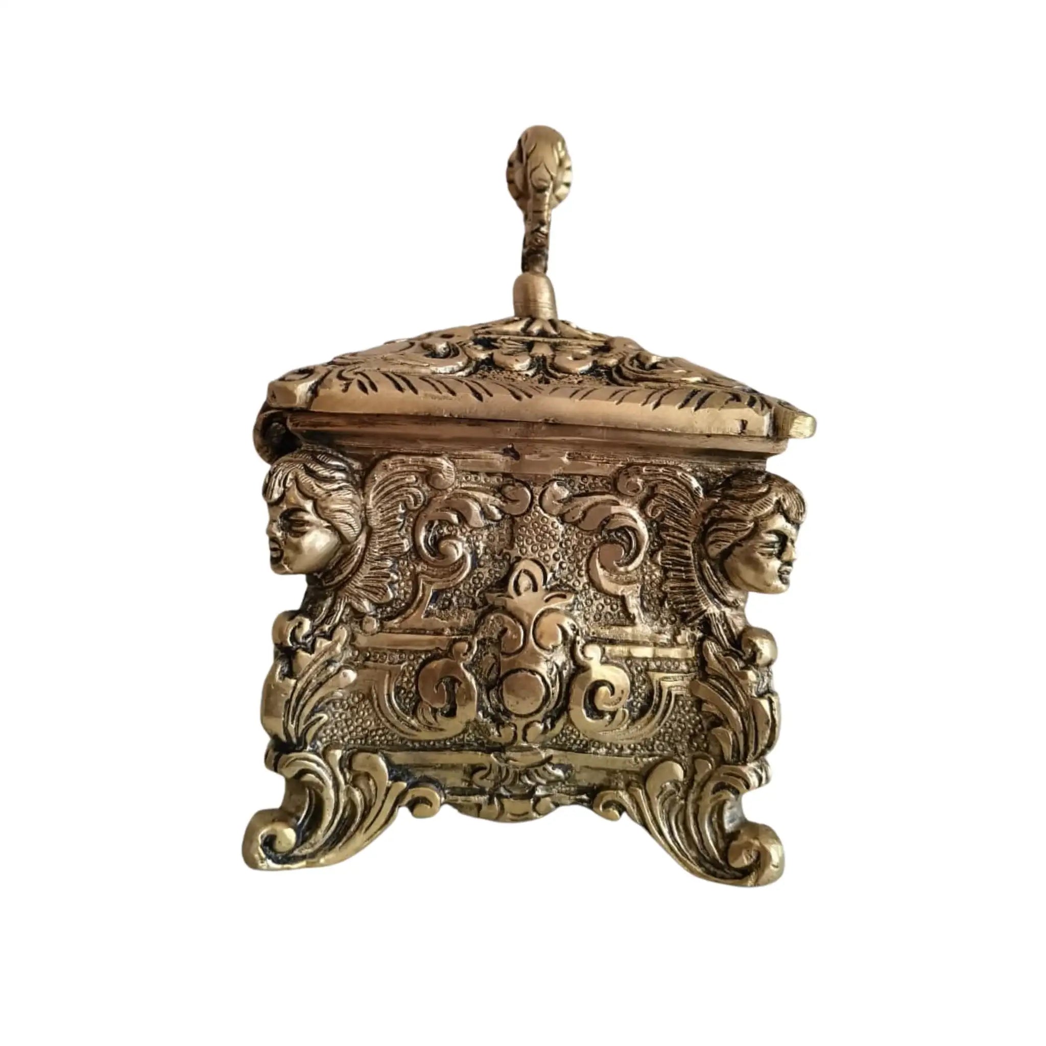 Antique-Style Brass Trinket Box with Figures   Brass Ware