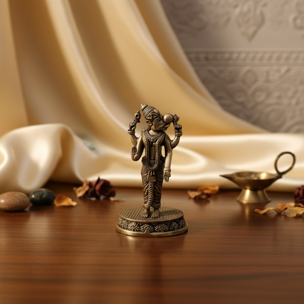 Brass statue of a deity on a white background
