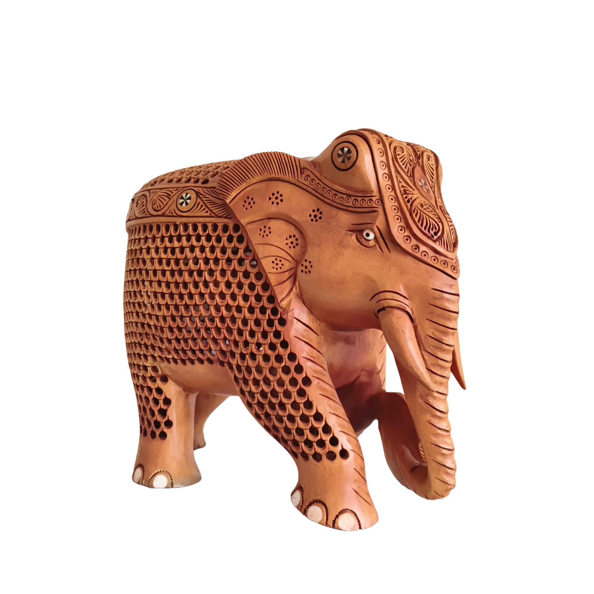 Masterpiece Jali Work Hand-Carved Wooden Elephant Sculpture