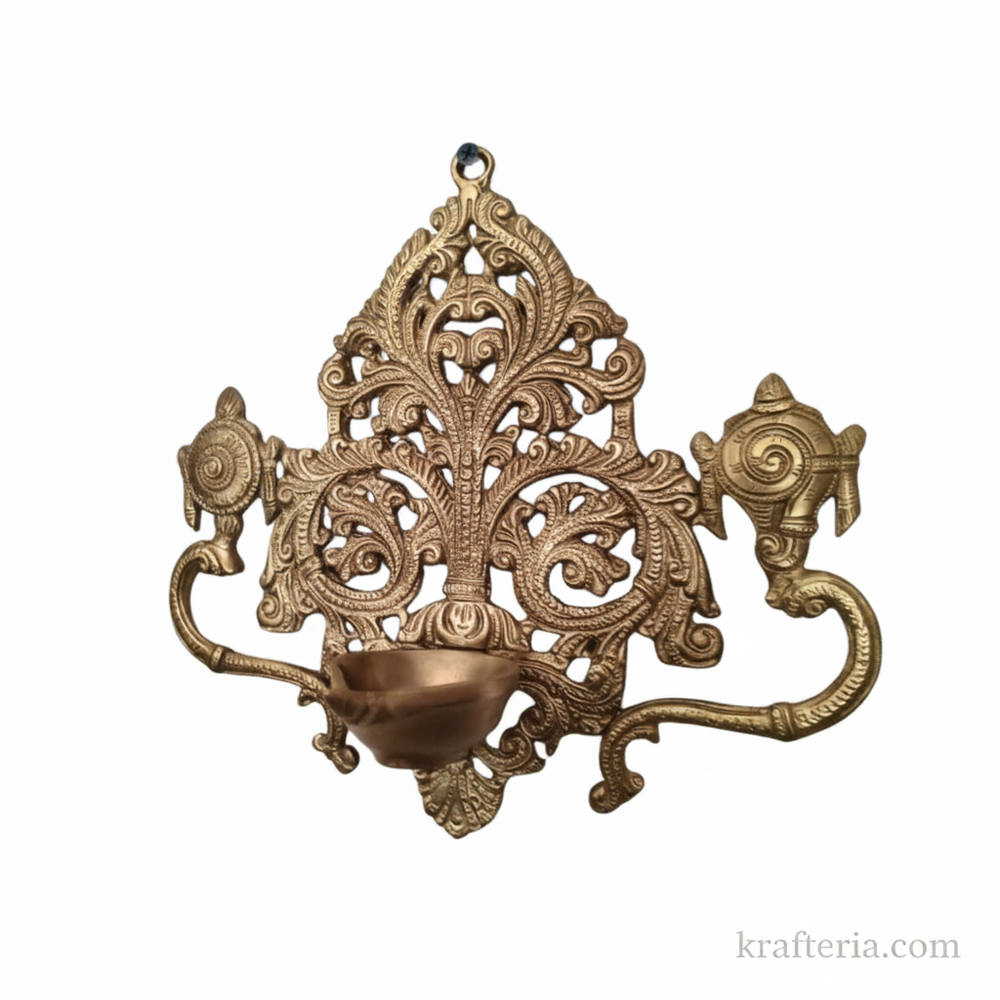 Brass Shankh Chakra Wall Hanging Diya | Traditional Indian Oil Lamp with Filigree Backplate   Brass Artwork