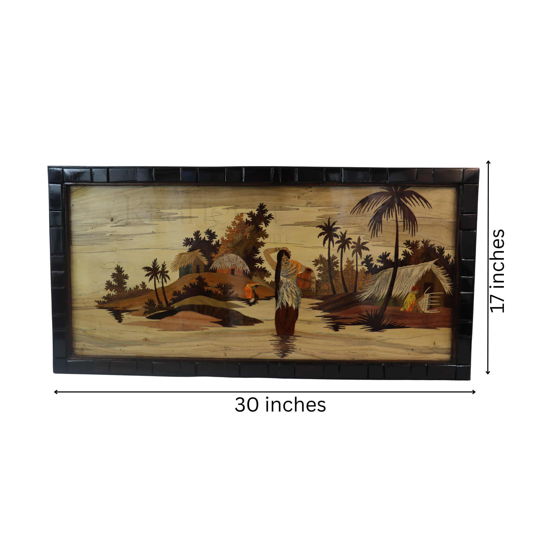 Traditional Indian Village Scene Wood Inlay Mysore