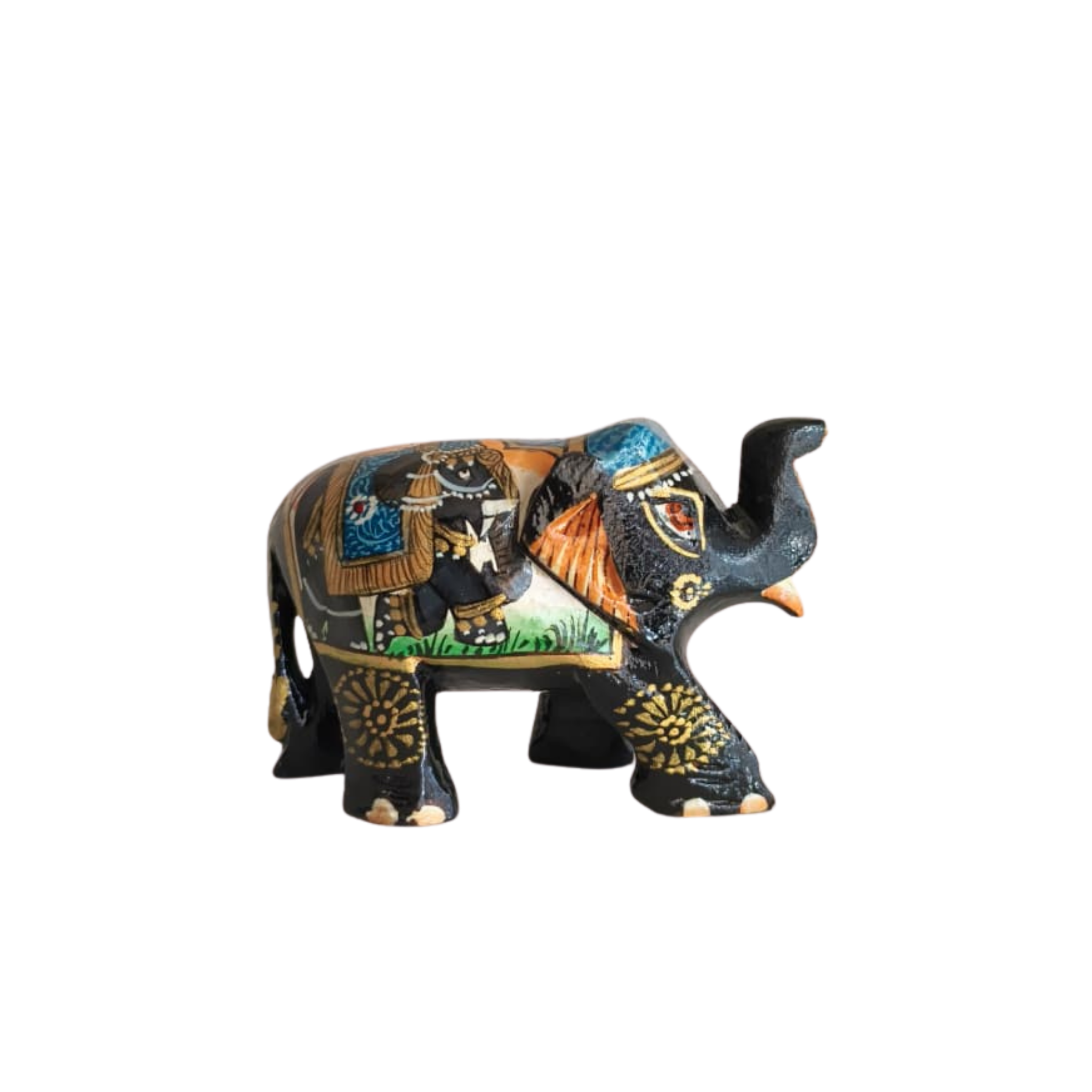 Hand-Painted Black Elephant Figurine with Traditional Indian Art