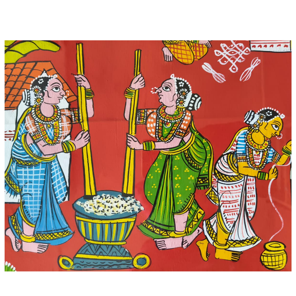 Hand-Painted Village Women & Daily Life Cheriyal Painting   Cheriyala Painting