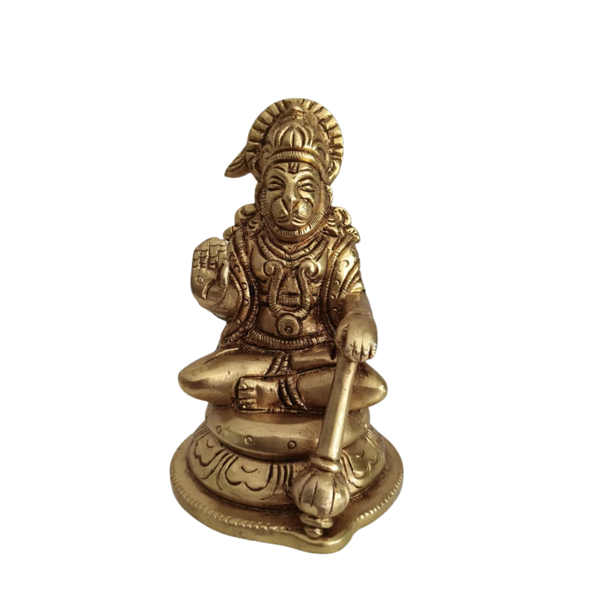 Brass Seated Lord Hanuman Idol – Gada-Bearer in Abhaya Mudra for Protection and Courage