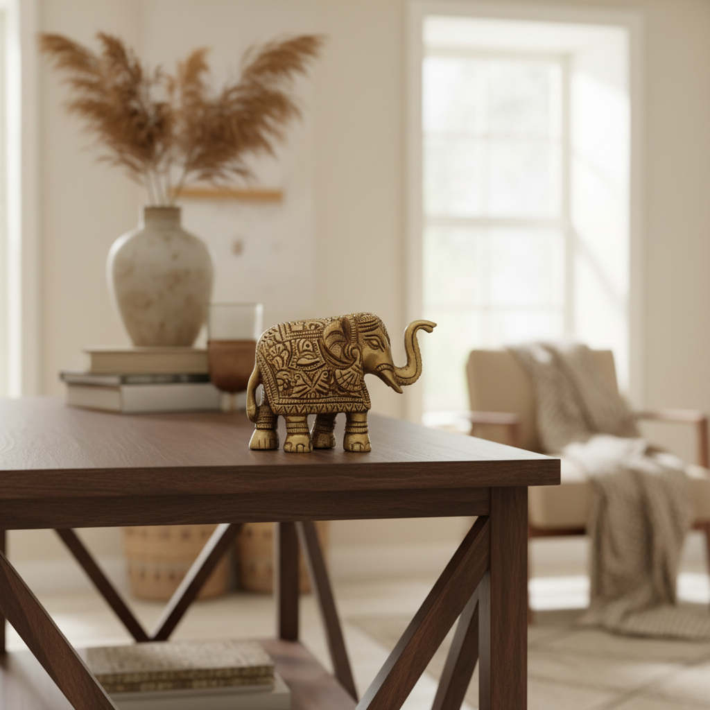 Brass Elephant Figurine with Raised Trunk – Symbol of Good Luck and Strength