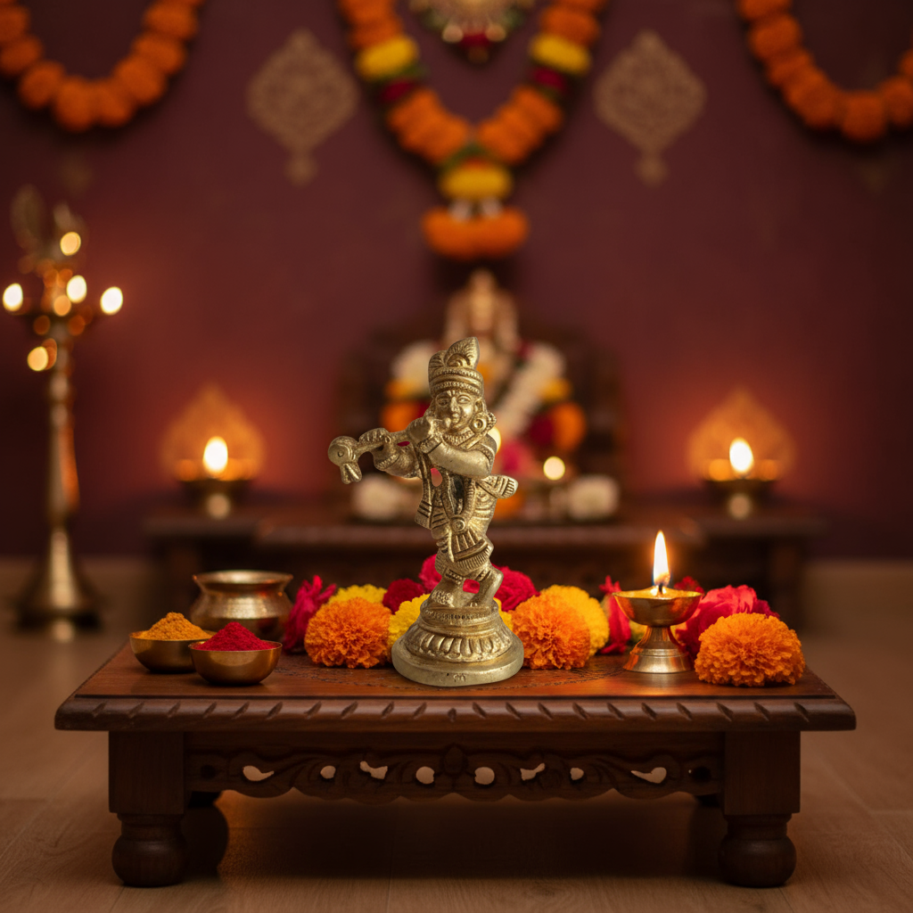 Miniature Golden Brass Lord Krishna Flute Player Idol (Bala Krishna Murti)