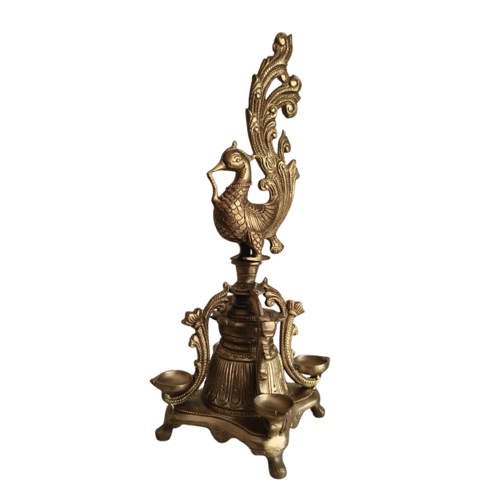 Brass Peacock Pedestal Diya – 4 Wick Traditional Standing Oil Lamp   Brass Artwork
