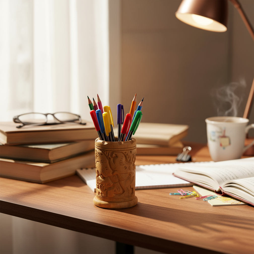 Hand-Carved Wooden Pen Stand – Elegant Desk Organizer