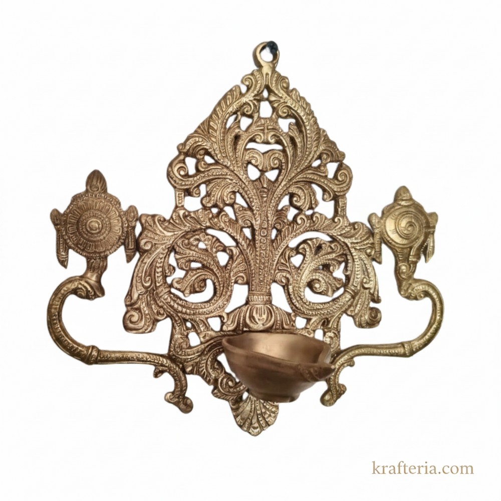 Brass Shankh Chakra Wall Hanging Diya | Traditional Indian Oil Lamp with Filigree Backplate   Brass Artwork