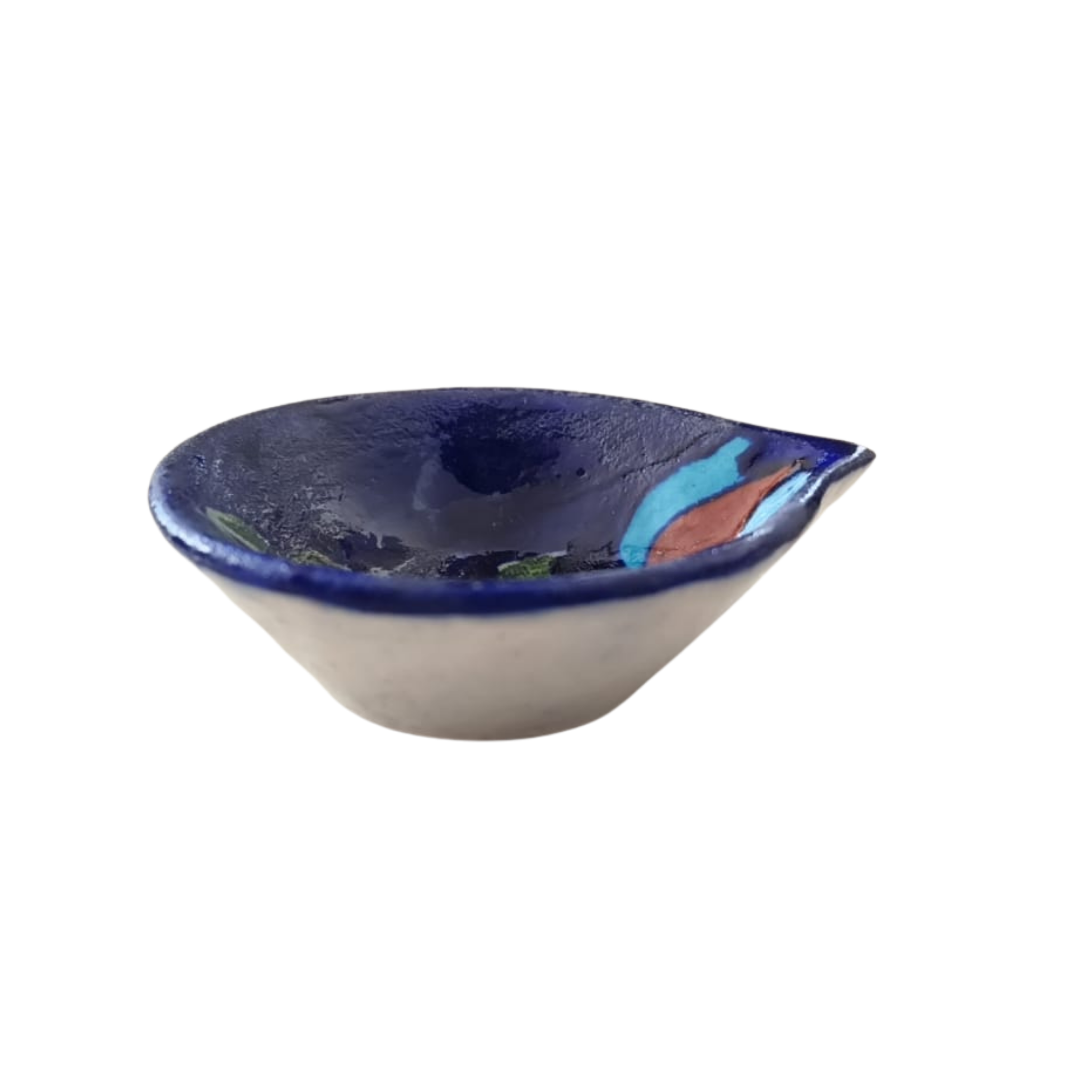 Leaf/Teardrop Shaped Blue Pottery Diya | Abstract Floral Oil Lamp