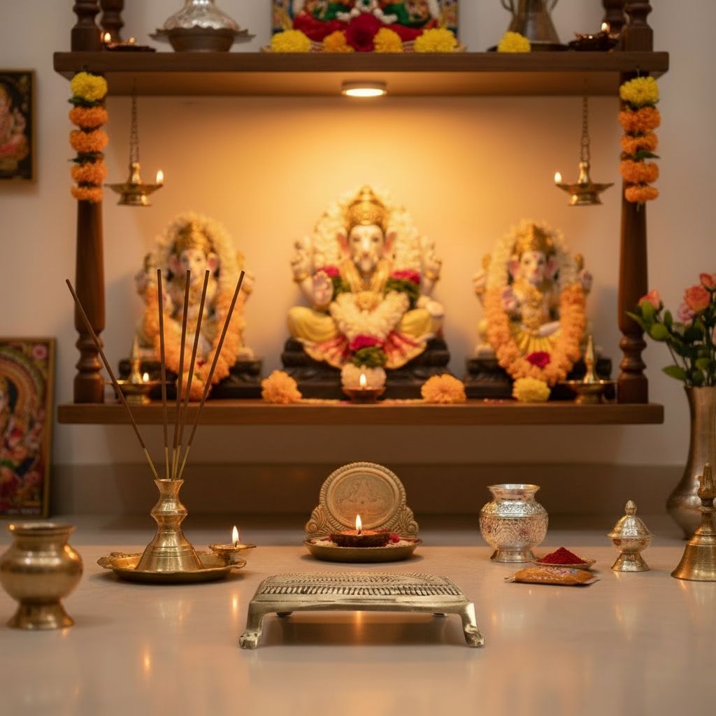 Square Brass Puja Pedestal with Filigree Design