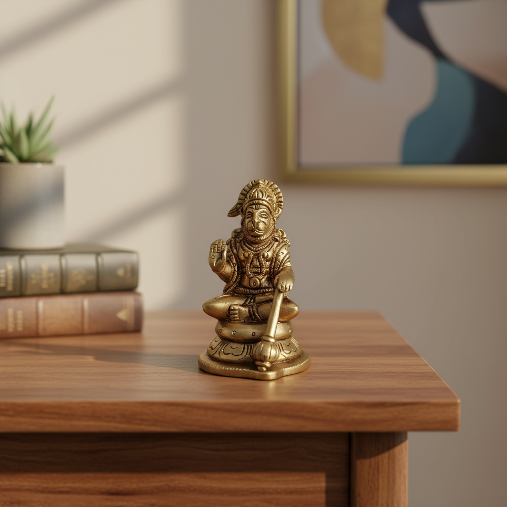 Brass Seated Lord Hanuman Idol – Gada-Bearer in Abhaya Mudra for Protection and Courage