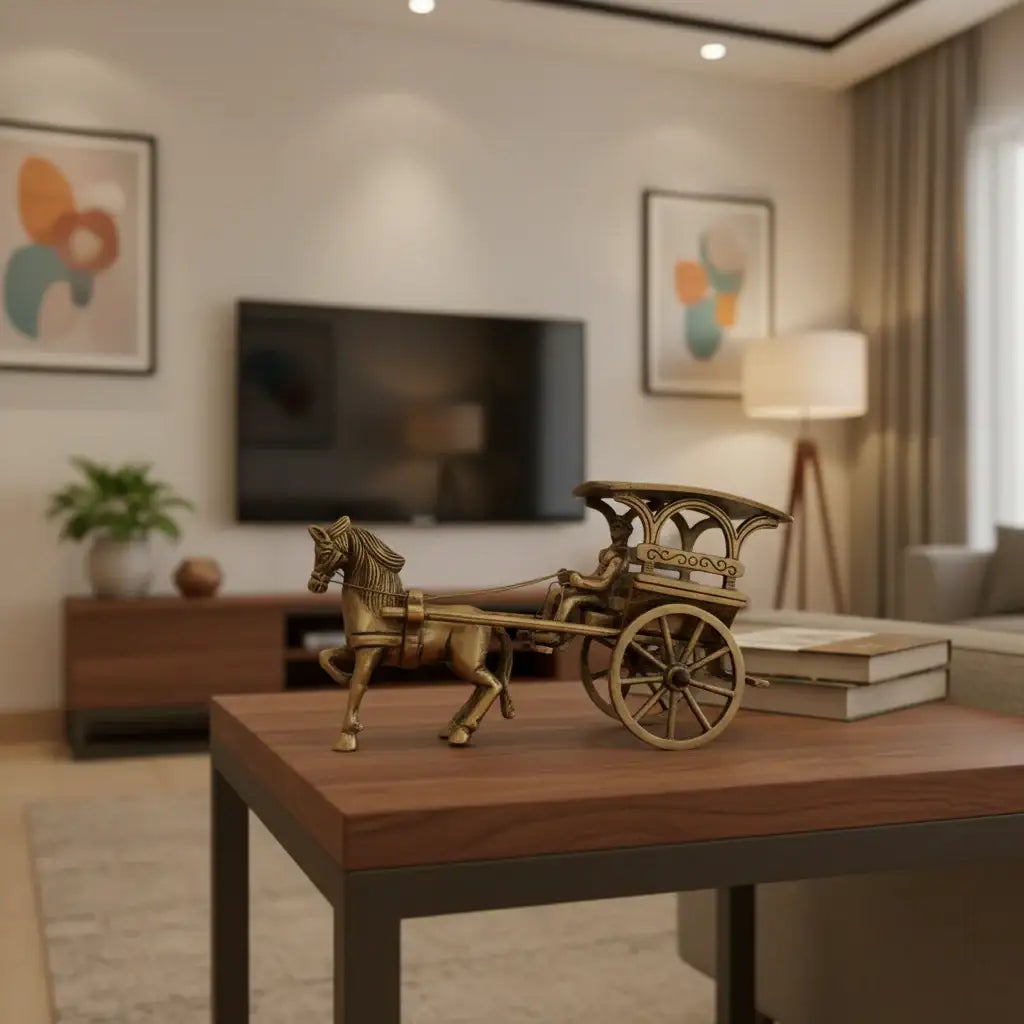 Vintage Style Brass Horse and Chariot Figurine | Handcrafted Indian Tonga / Buggy Decor   Brass Ware