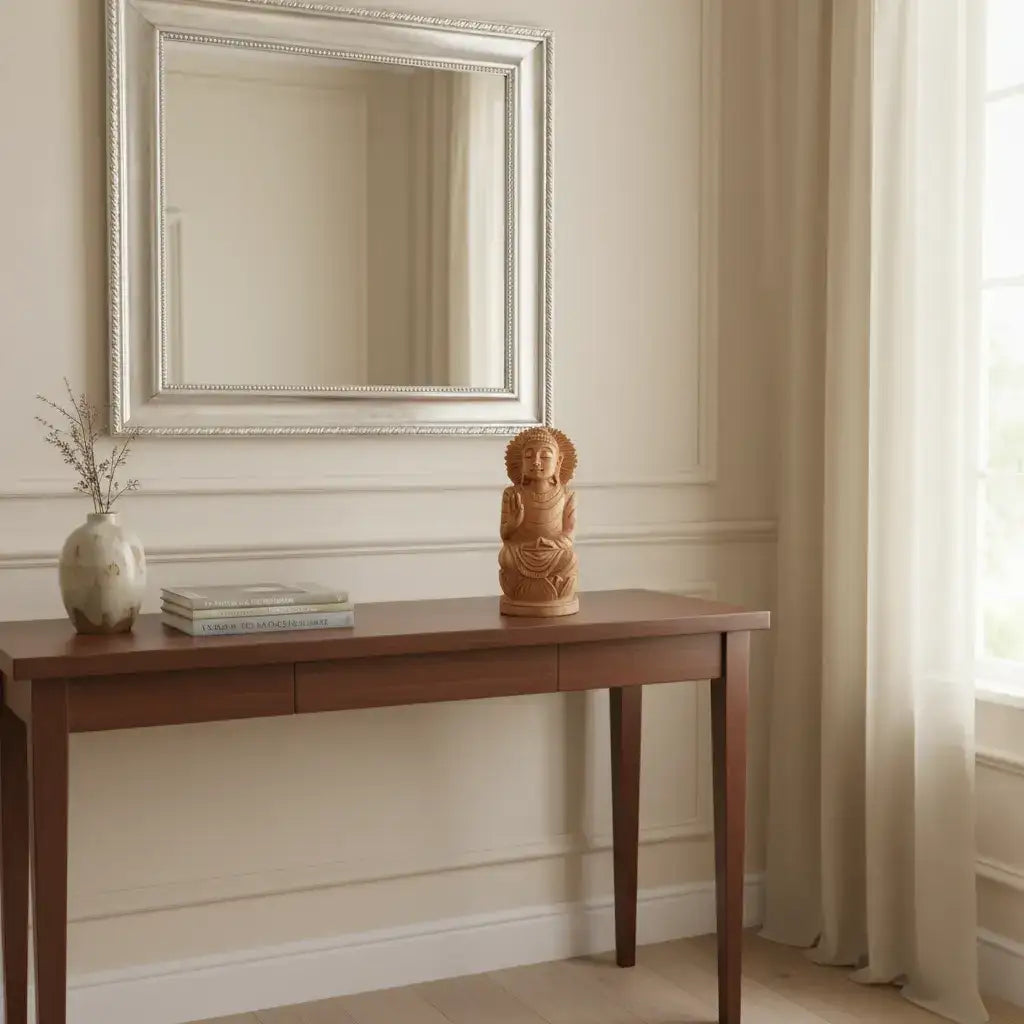 Hand-Carved Wooden Buddha Sitting In Lotus Decorative Background Panel maruthi handicrafts